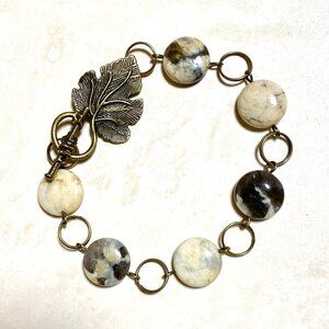 2/20, Natural Septarian Stone Bracelet, Genuine Gemstone + Bronze Grape Leaf